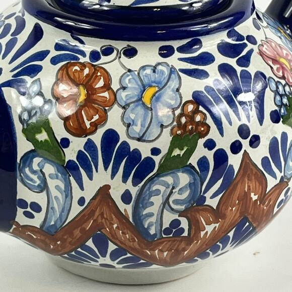 Talavera Pottery Teapot Ansar Puebla Mexico Hand Painted Floral Folk Art 7"x4.5" - Picture 10 of 12
